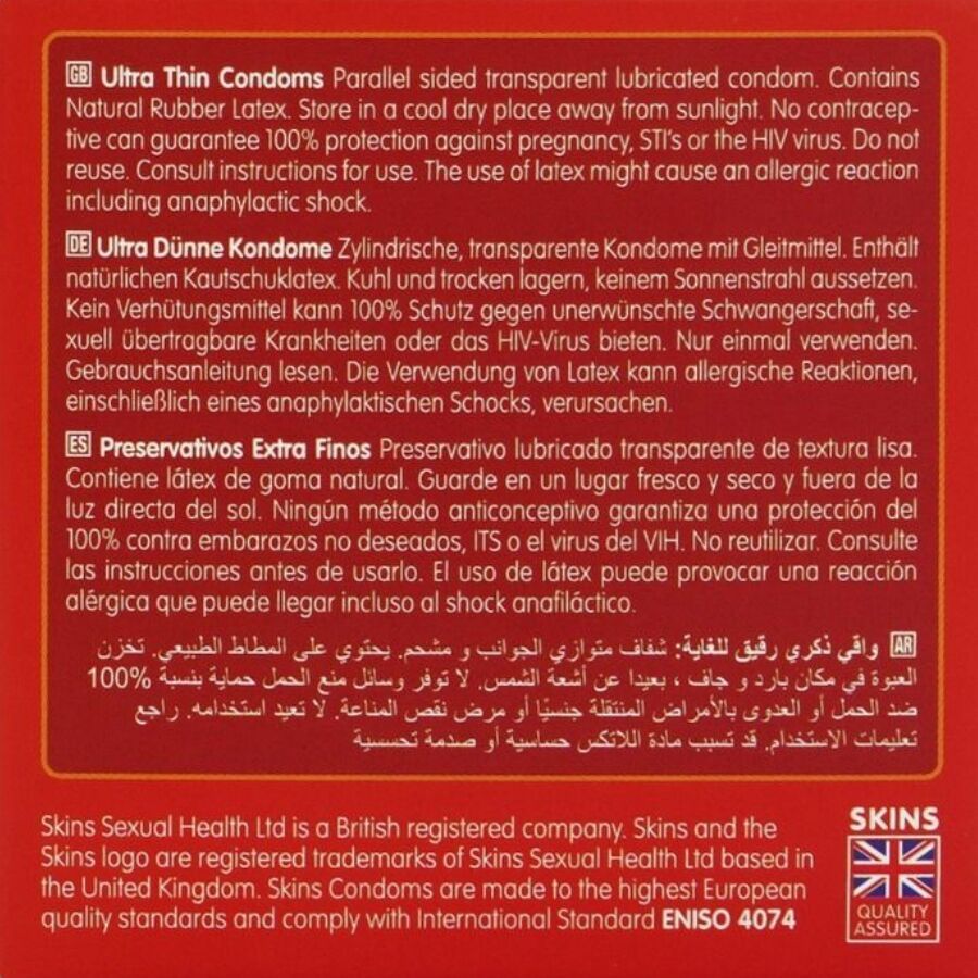 Texte en anglais, allemand, espagnol et arabe. Décrit les préservatifs Ultra Thin. Contient des informations sur le matériau, la protection et l'utilisation.