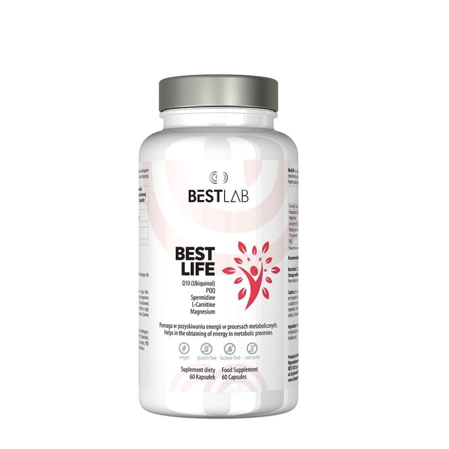 Witte fles met zilveren dop. Opschrift: BEST LAB, BEST LIFE. Rode afbeelding. Bevat Q10, L-Carnitine, Magnesium. 60 capsules.