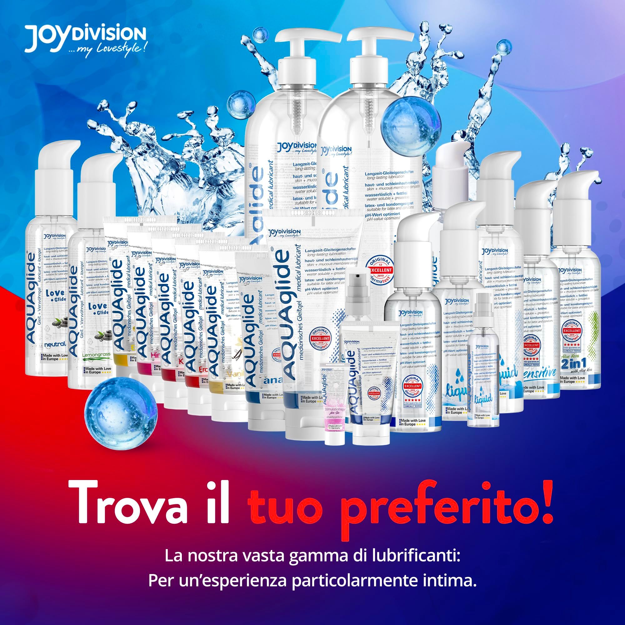 Tube de gel lubrifiant AquaGlade Fraise, avec fraises, bulles d'eau et texte.