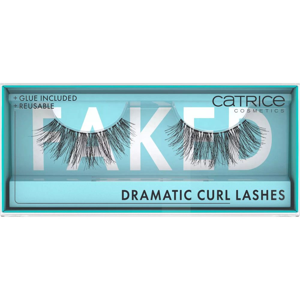 Catrice Faked Dramatic Curl Lashes dans un emballage. Emballage bleu avec nom du produit et texte.