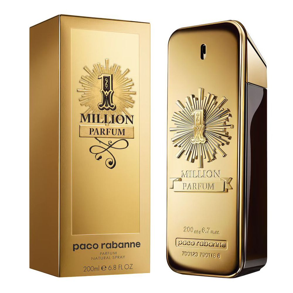Flacon et coffret dorés. Inscription: 1 Million Parfum, Paco Rabanne. Flacon en forme de lingot, doré.