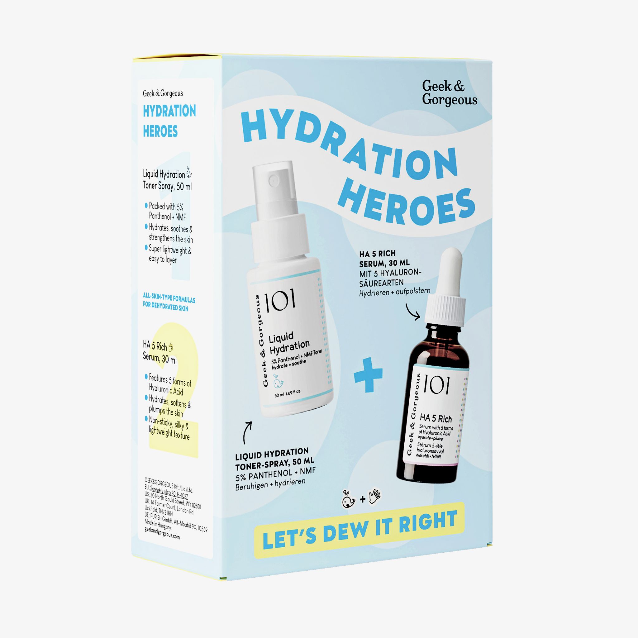 Verpakking met twee flessen en een sprayfles. Opschrift: Hydration Heroes. Bevat HA 5 Rich Serum en Liquid Hydration.