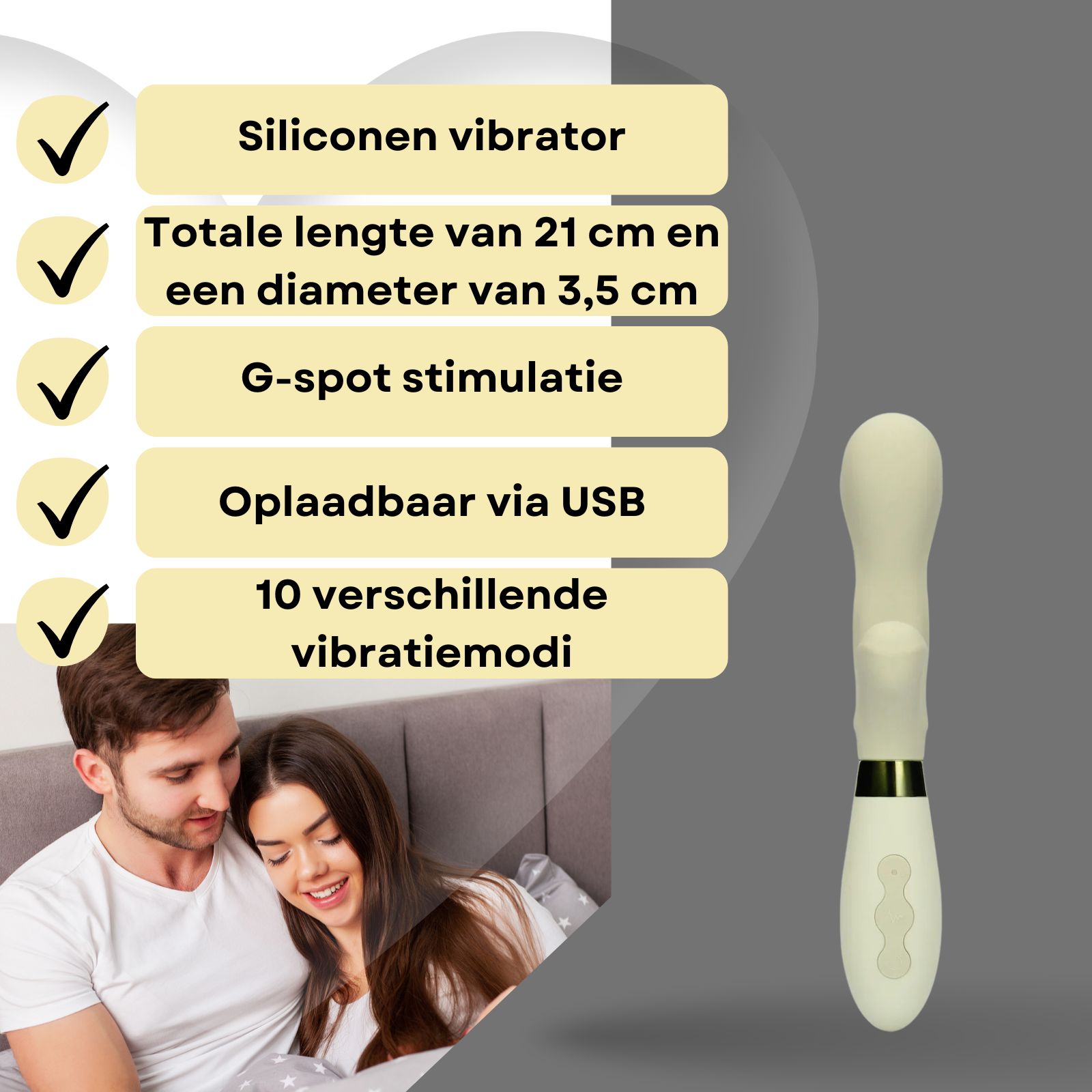 Vibromasseur silicone/ABS, 21cm, 3,5cm diamètre, stimulation point G, rechargeable USB, 10 modes.
