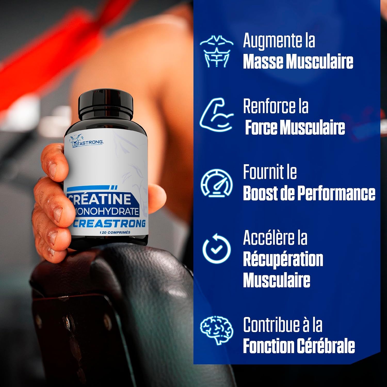 Hand houdt fles. Tekst: Creatine Monohydrate Creastrong, 120 tabletten. Spiermassa, kracht, prestaties, herstel.