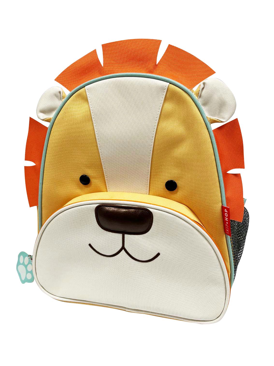 Geel-oranje rugzak in de vorm van een leeuw. Met oren, manen en gezicht. Merk Skip Hop.