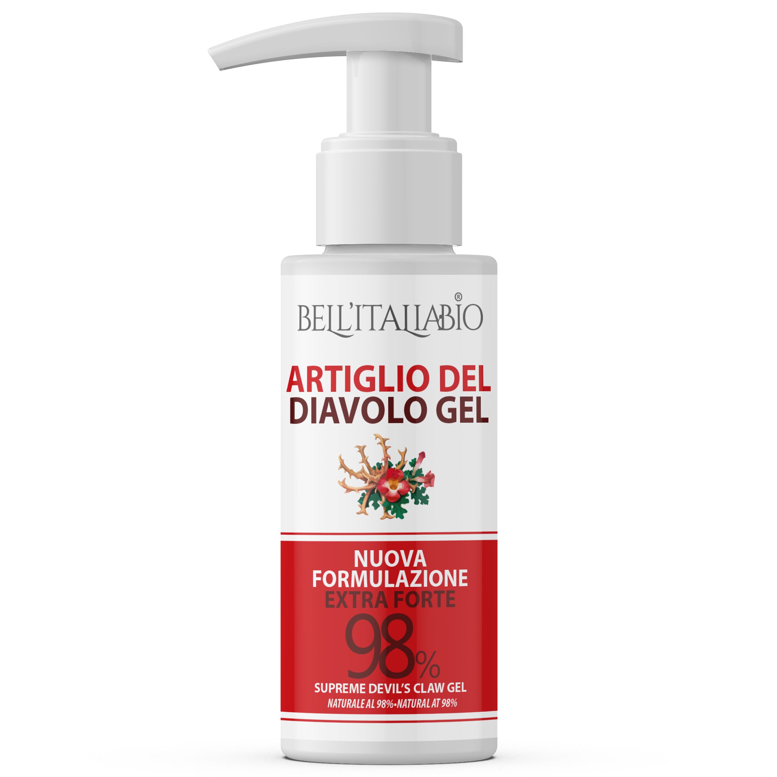 Witte dispenser met rood etiket. Tekst: BellItaliabio Artiglio del Diavolo Gel. Supreme Devil's Claw Gel. 98% Natural.