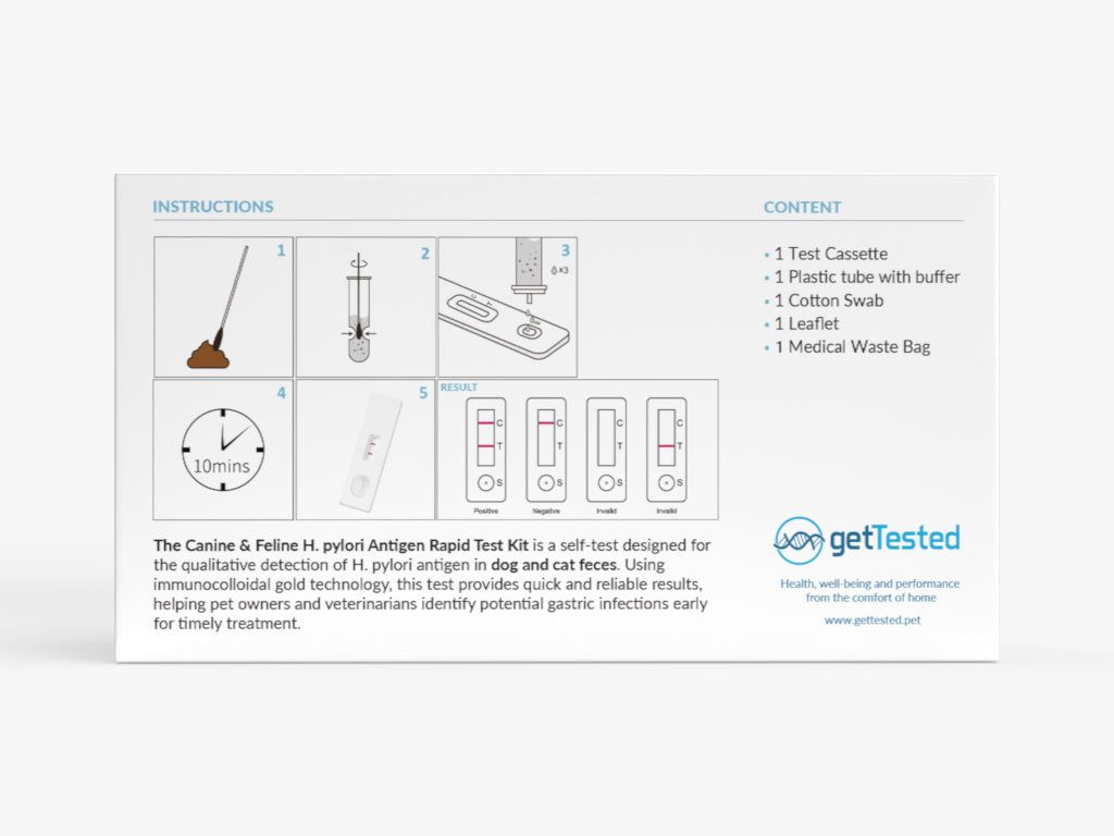 Boîte avec illustrations et liste du contenu. Contient cassette de test, tube, coton-tige, notice et sac poubelle médical.