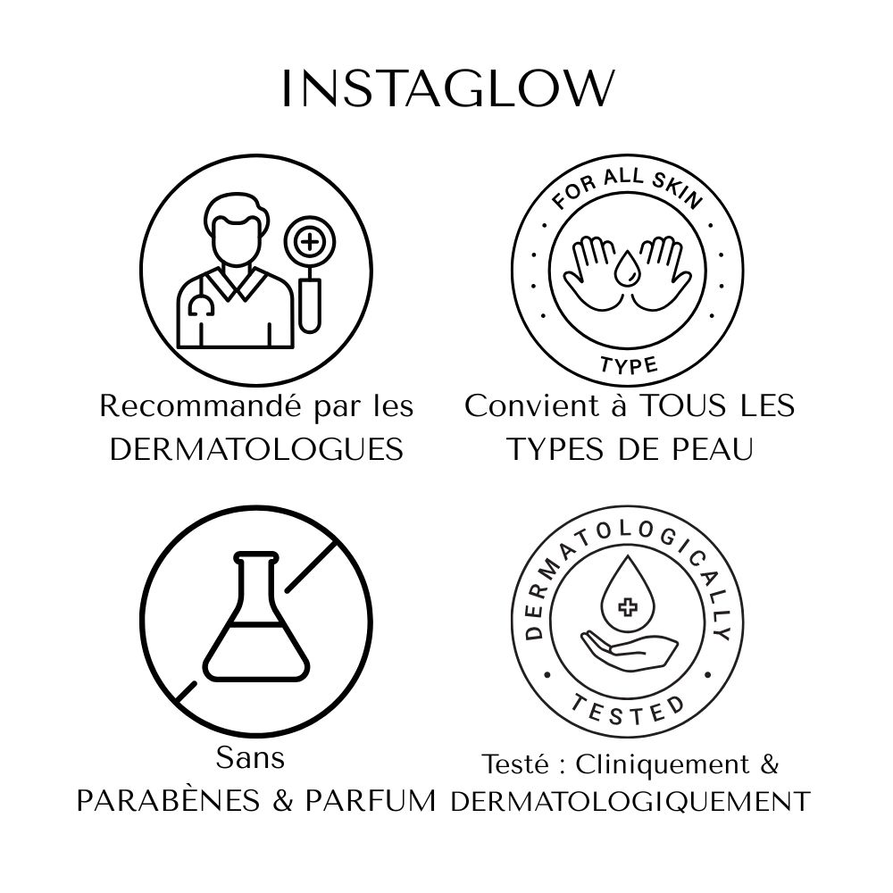 Logo Instaglow et icônes. Testé dermatologiquement, convient à tous les types de peau, sans parabènes ni parfum.