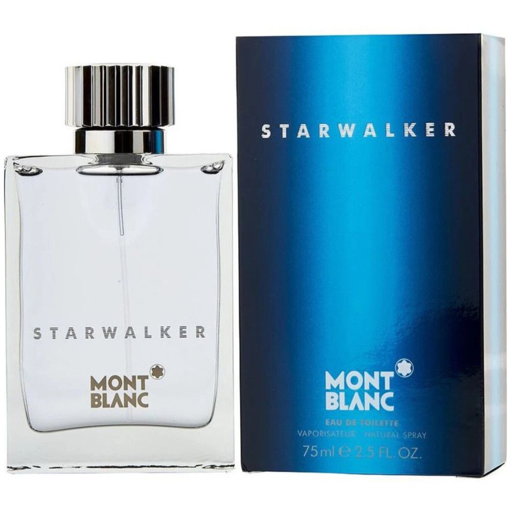 Flacon et emballage Montblanc Starwalker Eau de Toilette. Flacon en verre rectangulaire avec bouchon argenté. Emballage bleu avec logo.