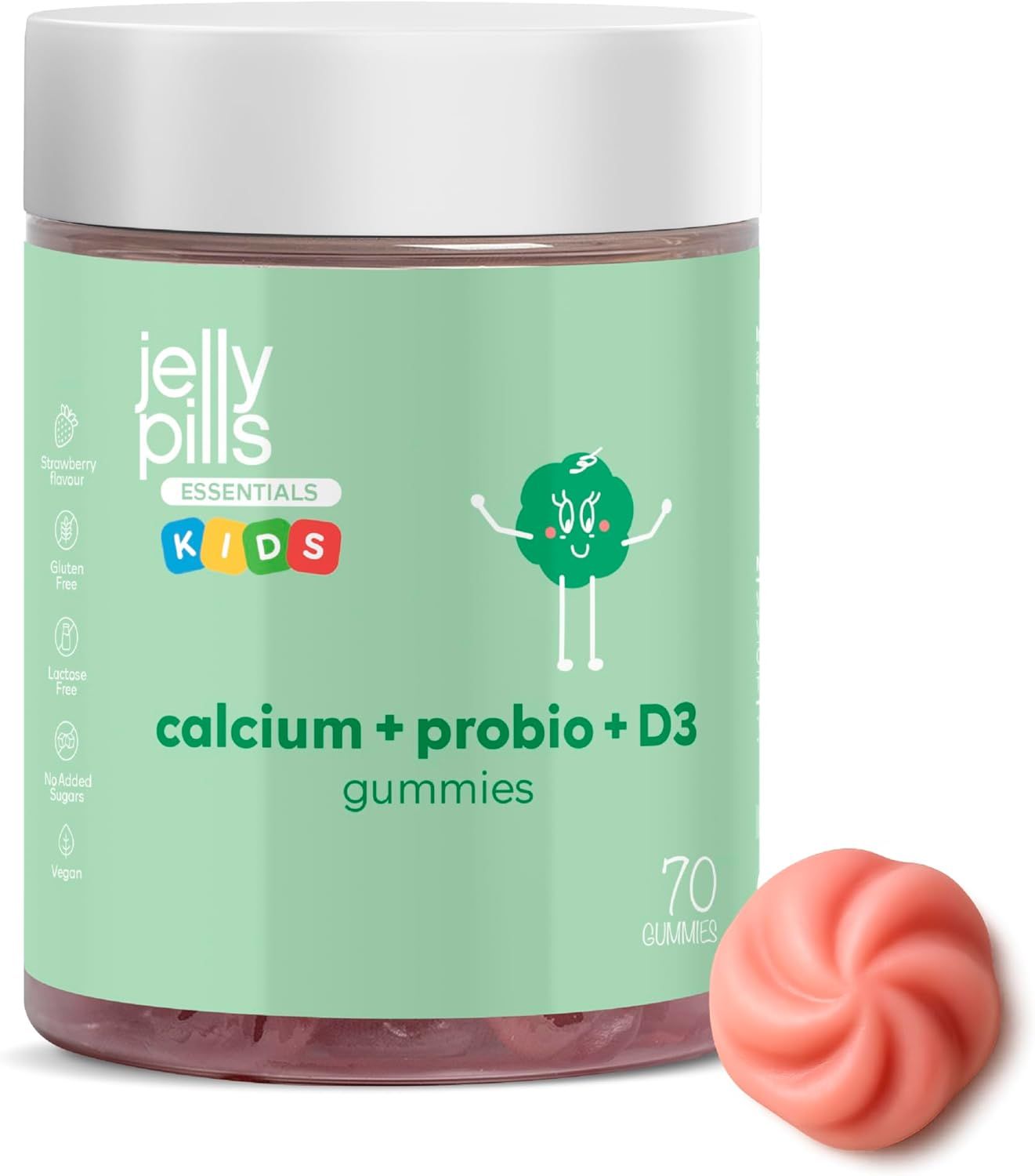 Un pot de gummies Jelly Pills Kids. Inscription : calcium + probio + D3 gummies. 70 gummies. Un bonbon à côté.
