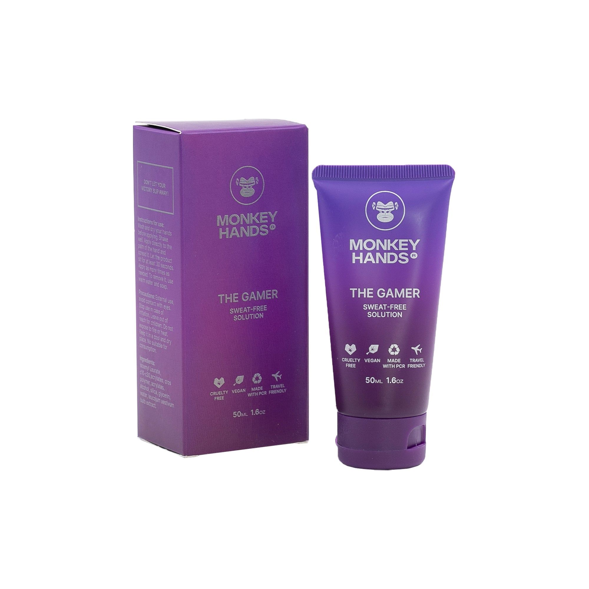 Tube et boîte violets de Monkey Hands 'The Gamer' Sweat-Free Solution.