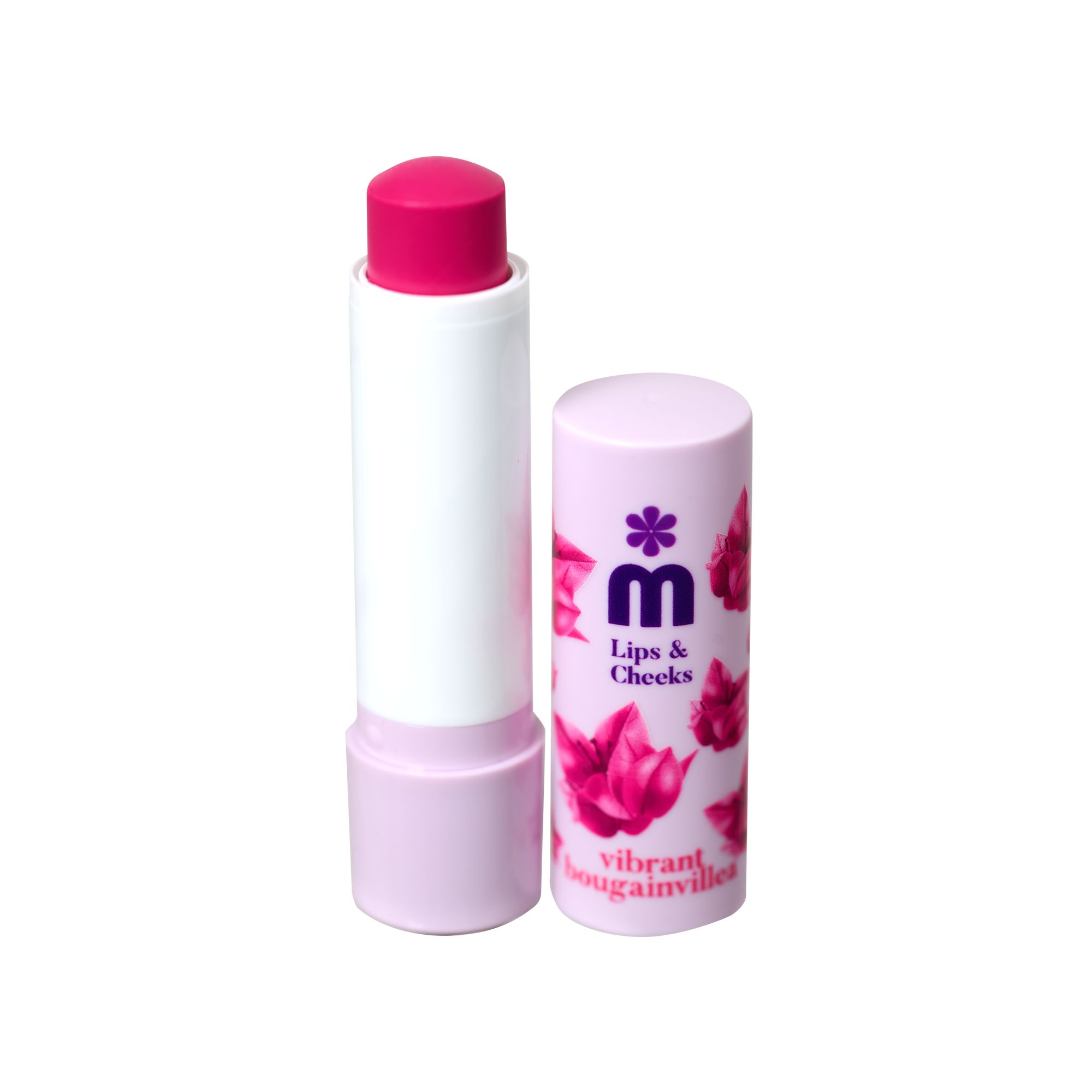 Lipbalsem met roze punt en witte huls. Roze dop met logo en tekst.
