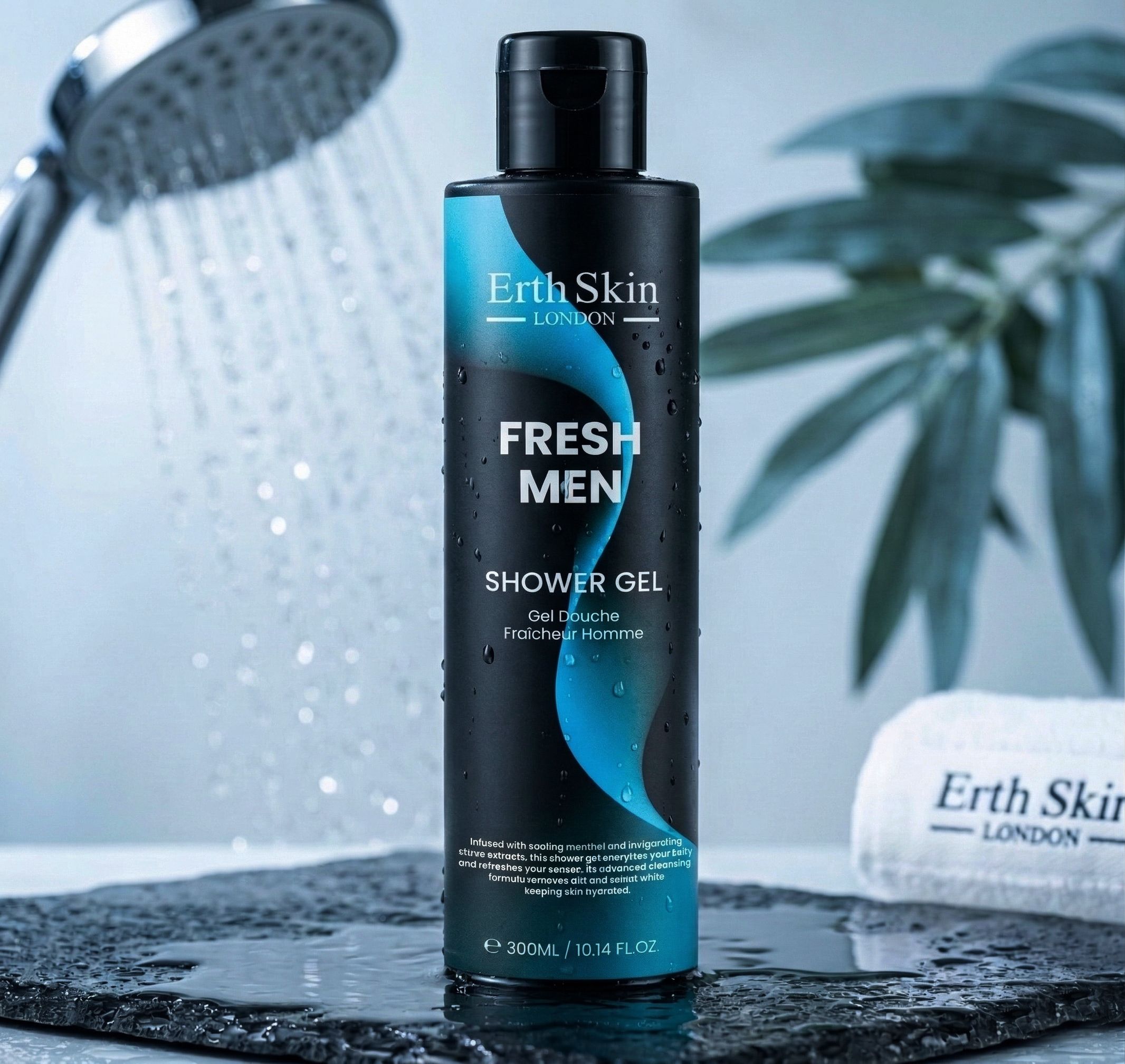 Gel douche ErthSkin London Fresh Men dans une bouteille noire avec un design bleu.