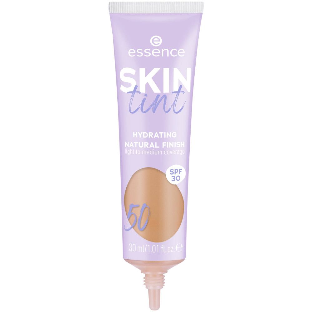 Tube lilas avec bouchon blanc. Inscription: Essence Skin Tint, Hydrating Natural Finish, SPF 30. Teinte 50.