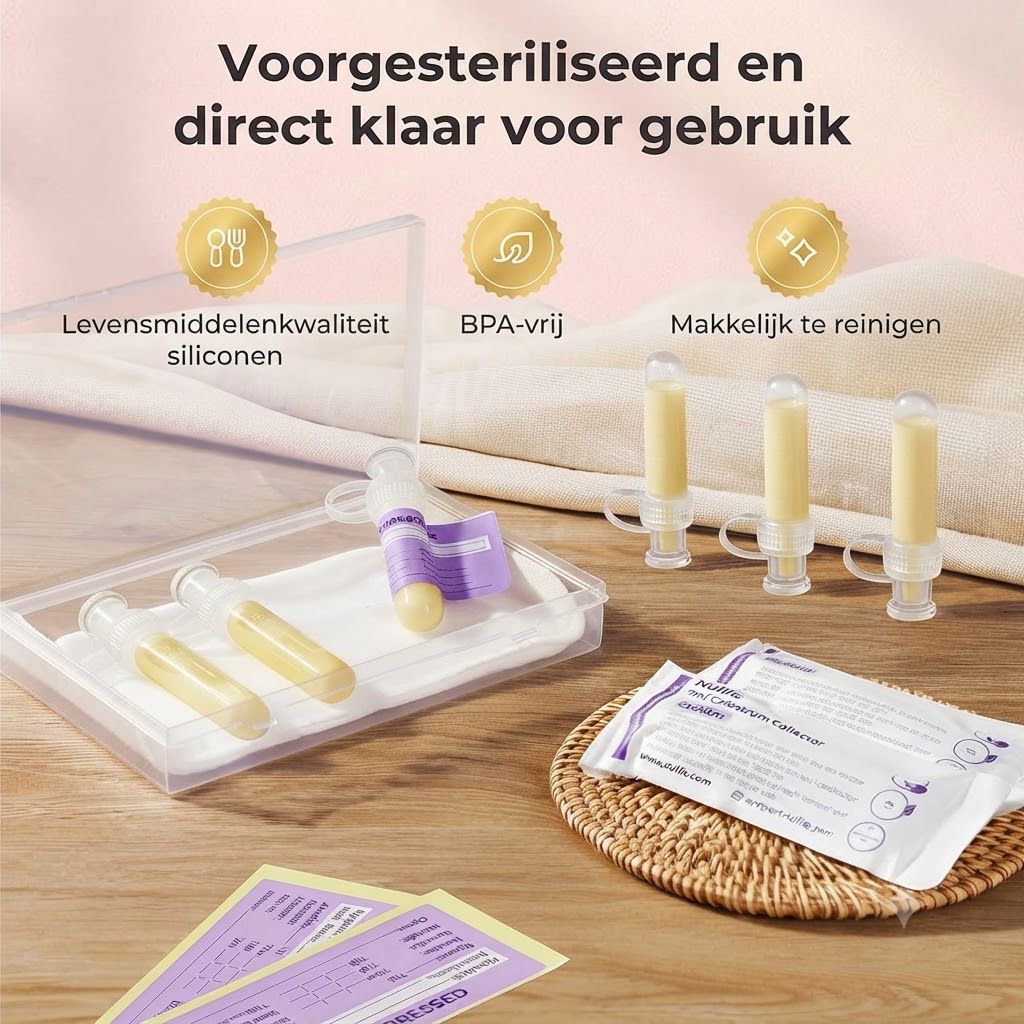Vier steriele kolven met gelige vloeistof, drie staan rechtop, één ligt in een transparante doos.