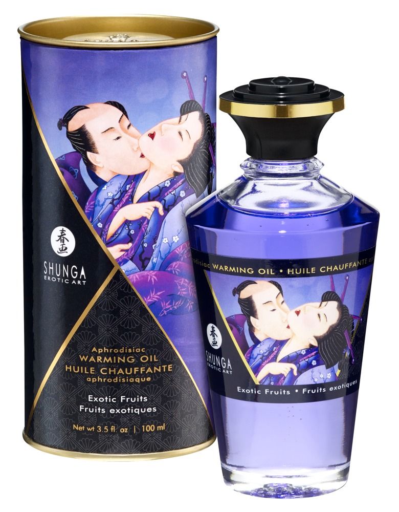 Flacon et boîte de Shunga. Image d'un couple s'embrassant. Texte: Exotic Fruits, Aphrodisiac Warming Oil.