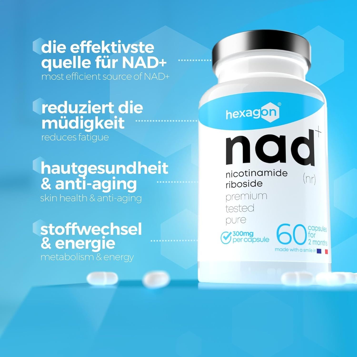 Hexagon NAD+ capsule die voordelen benadrukt zoals energie en huidgezondheid.