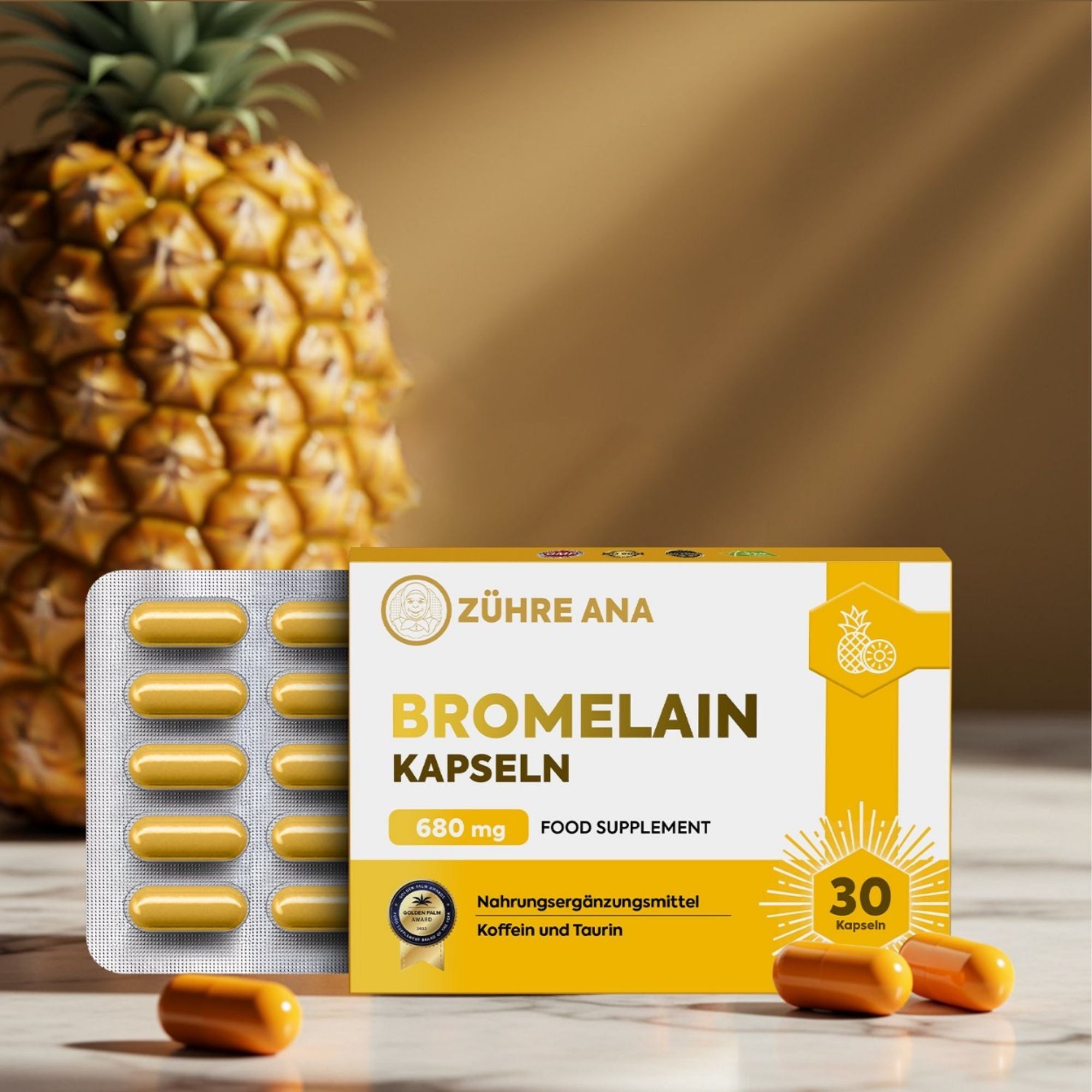 Gélules Zühre Ana Bromélaïne en blister à côté d'une boîte et d'un ananas.