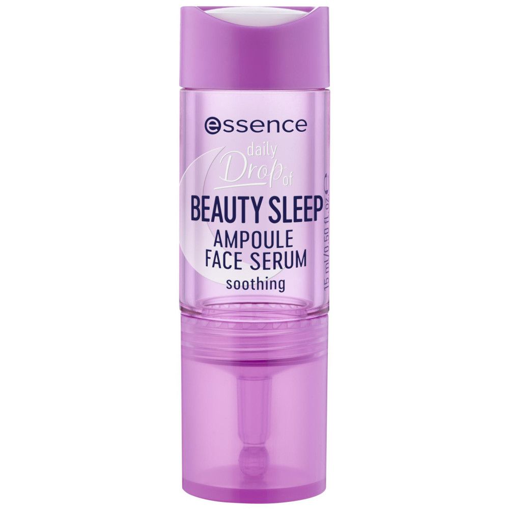 Ampul gezichtsserum. Paarse fles met witte dop. Opschrift: Essence, Beauty Sleep, Ampoule Face Serum.