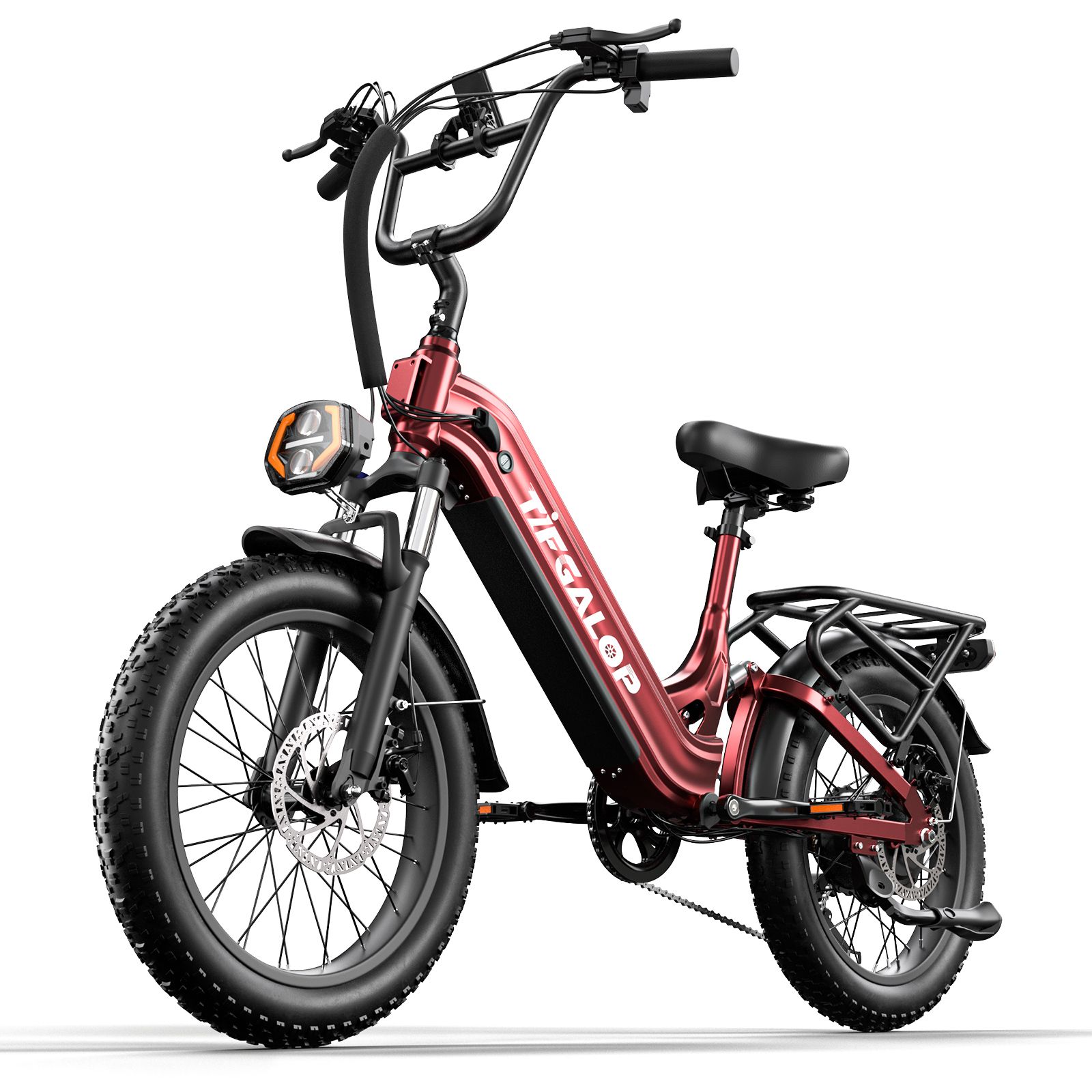 Rode e-bike met zwarte elementen. Brede banden, bagagerek, koplamp en stuur. Merk TIFGALOP.