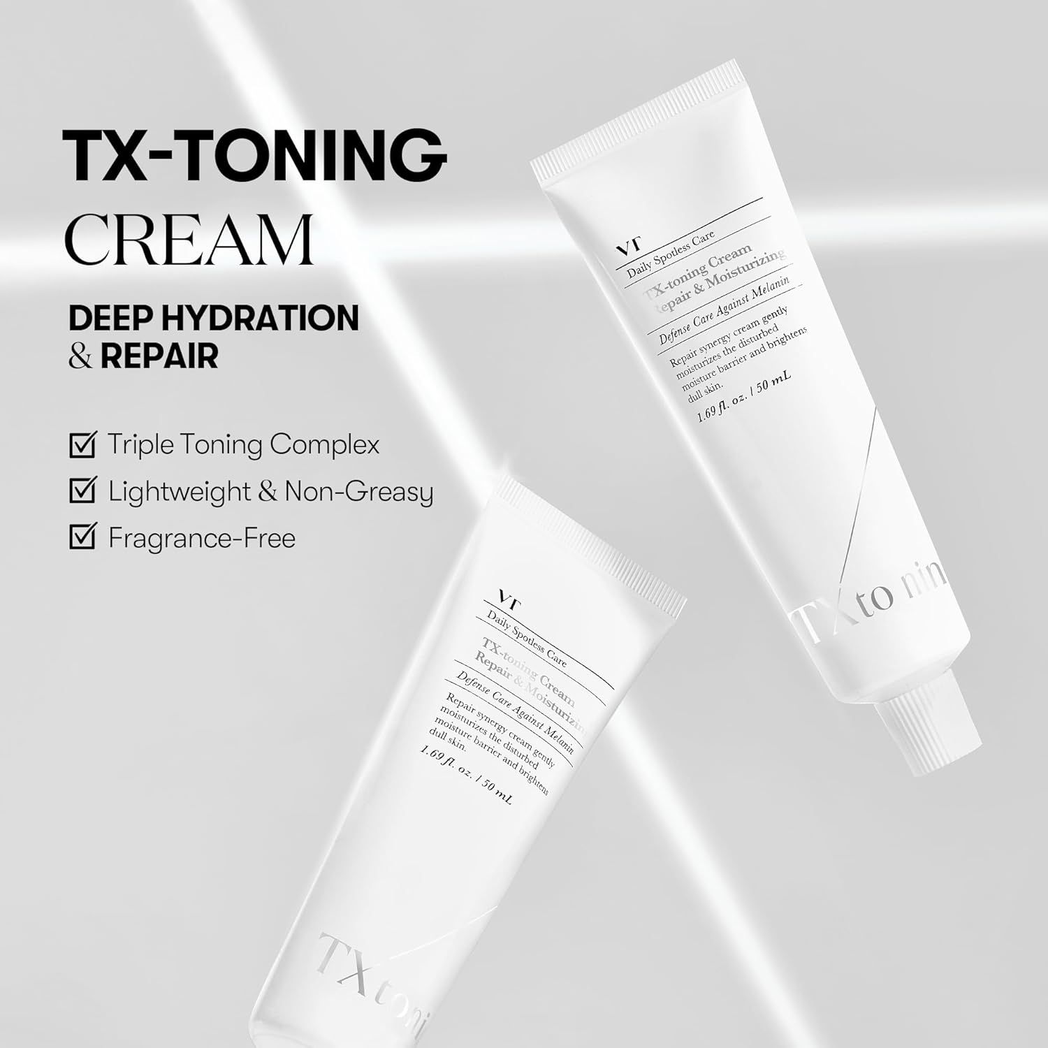 Deux tubes blancs de crème TX-Toning. Nom du produit, marque et informations imprimés. Texte: Deep Hydration & Repair, Triple Toning Complex.