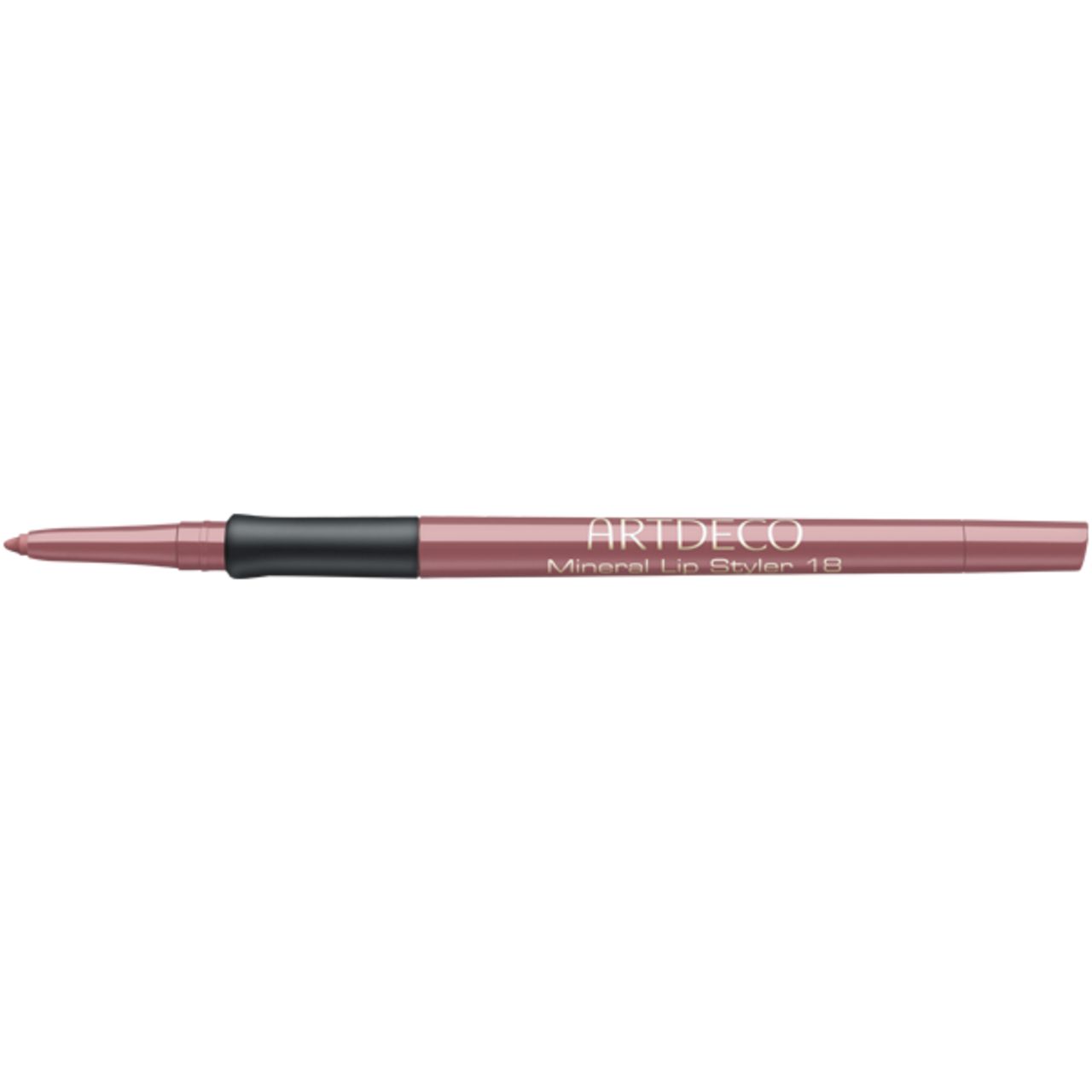 Artdeco Mineral Lip Styler. Roze lippotlood met zwart middengedeelte. Opschrift 'Mineral Lip Styler 18'.