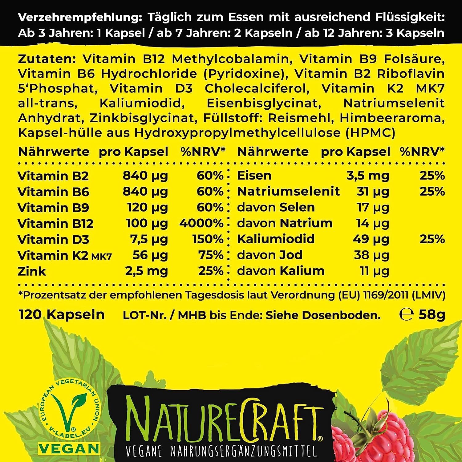Texte avec ingrédients et valeurs nutritionnelles par gélule. Inscription : Vegan Kids All In One. V-Label Vegan. 120 gélules.