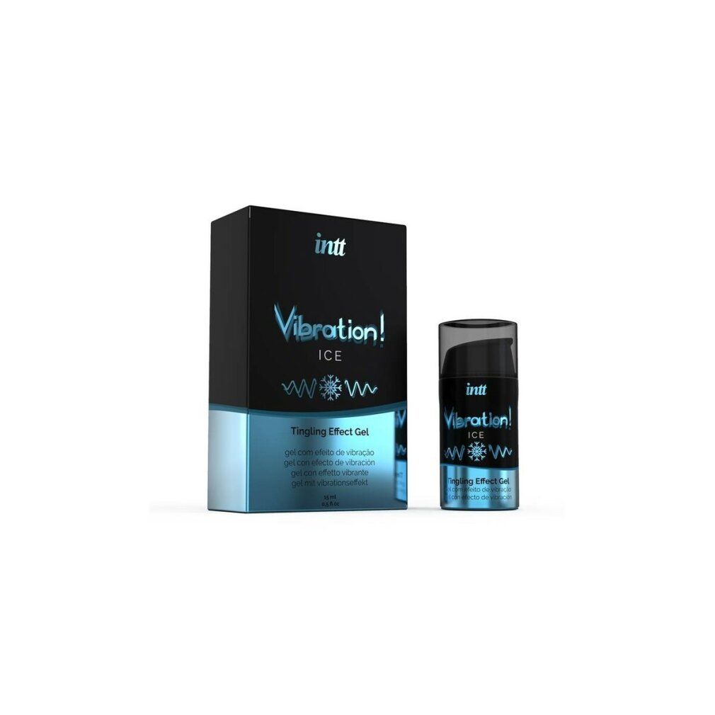 Verpakking en fles. Zwarte doos met INTT Vibration! ICE. Tingling Effect Gel. Fles ernaast.