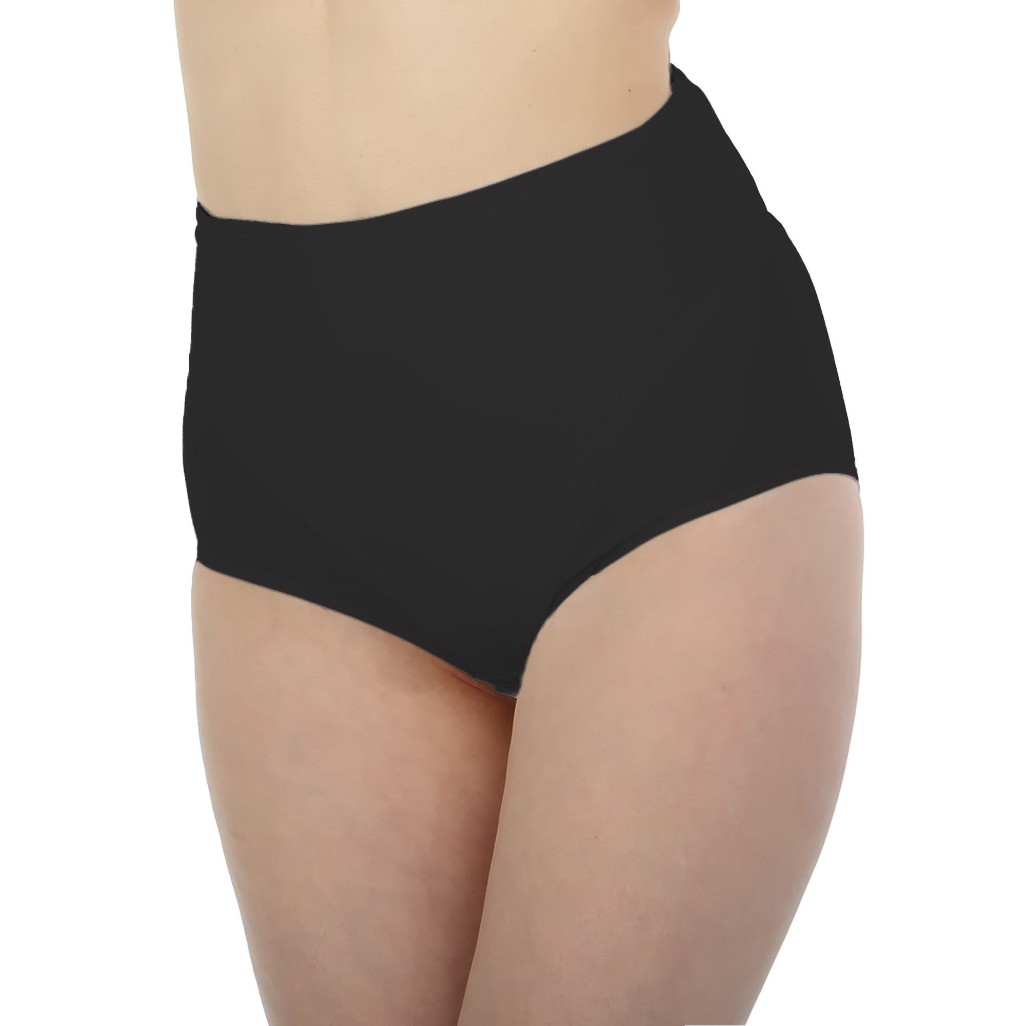 Culotte gainante noire, taille haute, vue de face. Vue sur les hanches et le ventre.