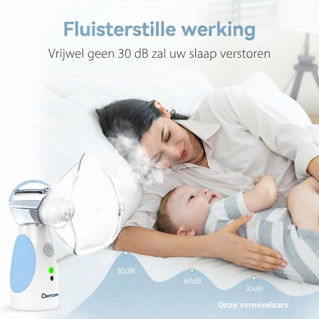 Een draagbaar wit-blauw vernevelapparaat dat stoom afgeeft. Een vrouw en baby liggen in bed.