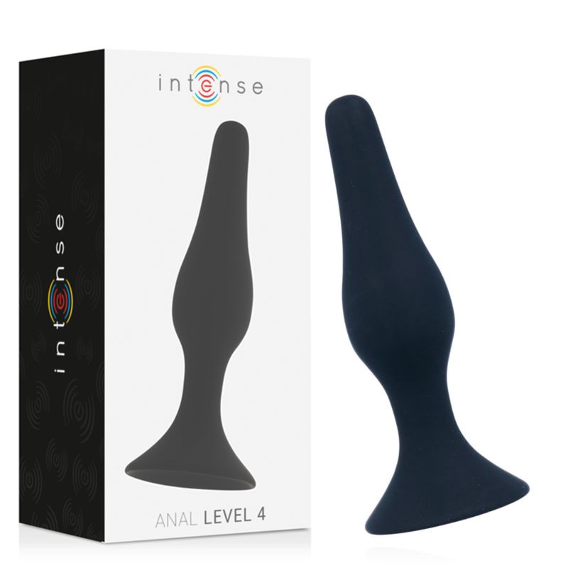Plug anal bleu foncé avec une base large et une forme effilée. À côté de l'emballage indiquant 'intense ANAL LEVEL 4'.