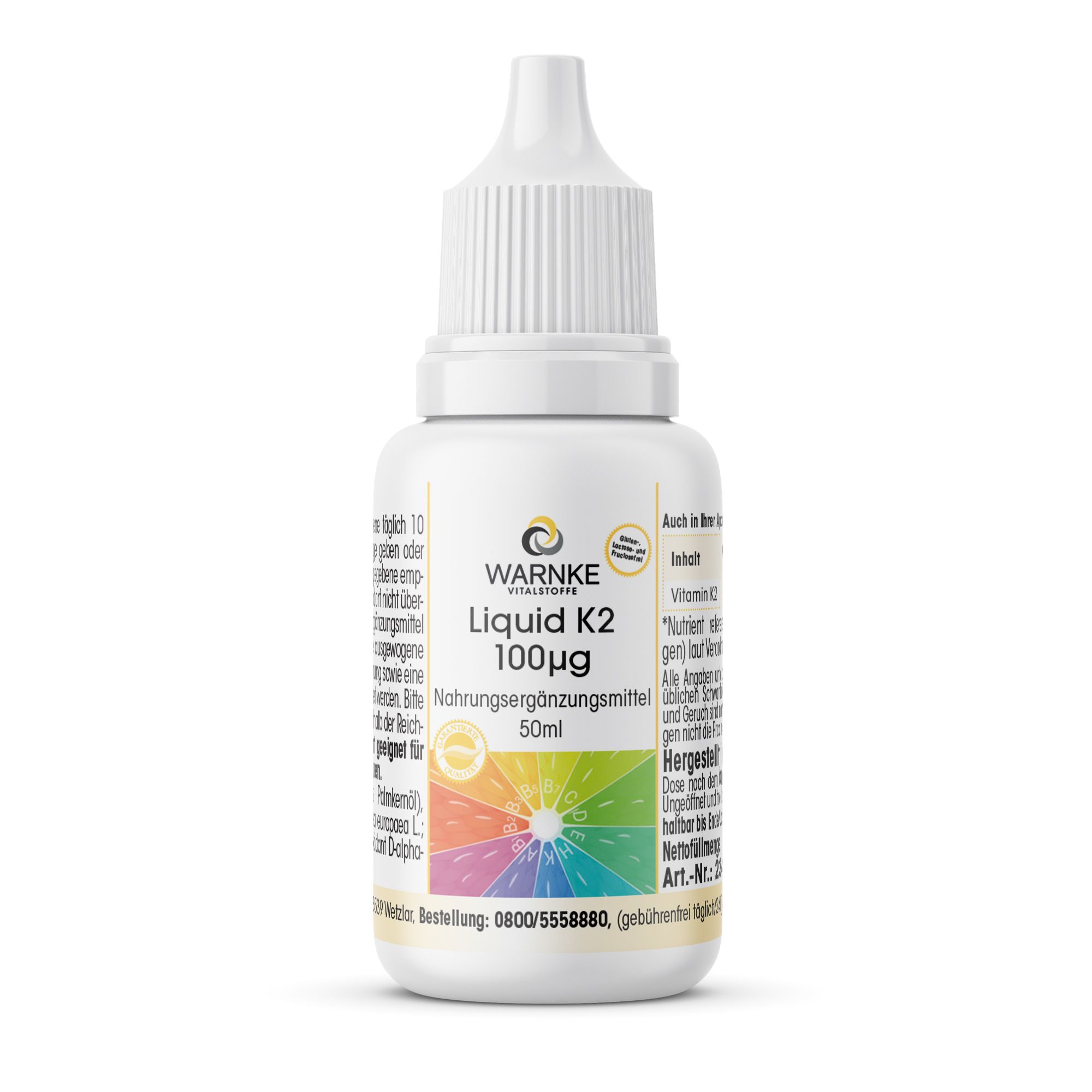 Witte fles met druppelaar. Opschrift: WARNKE, Liquid K2 100µg, voedingssupplement. Gekleurde cirkel onderaan.