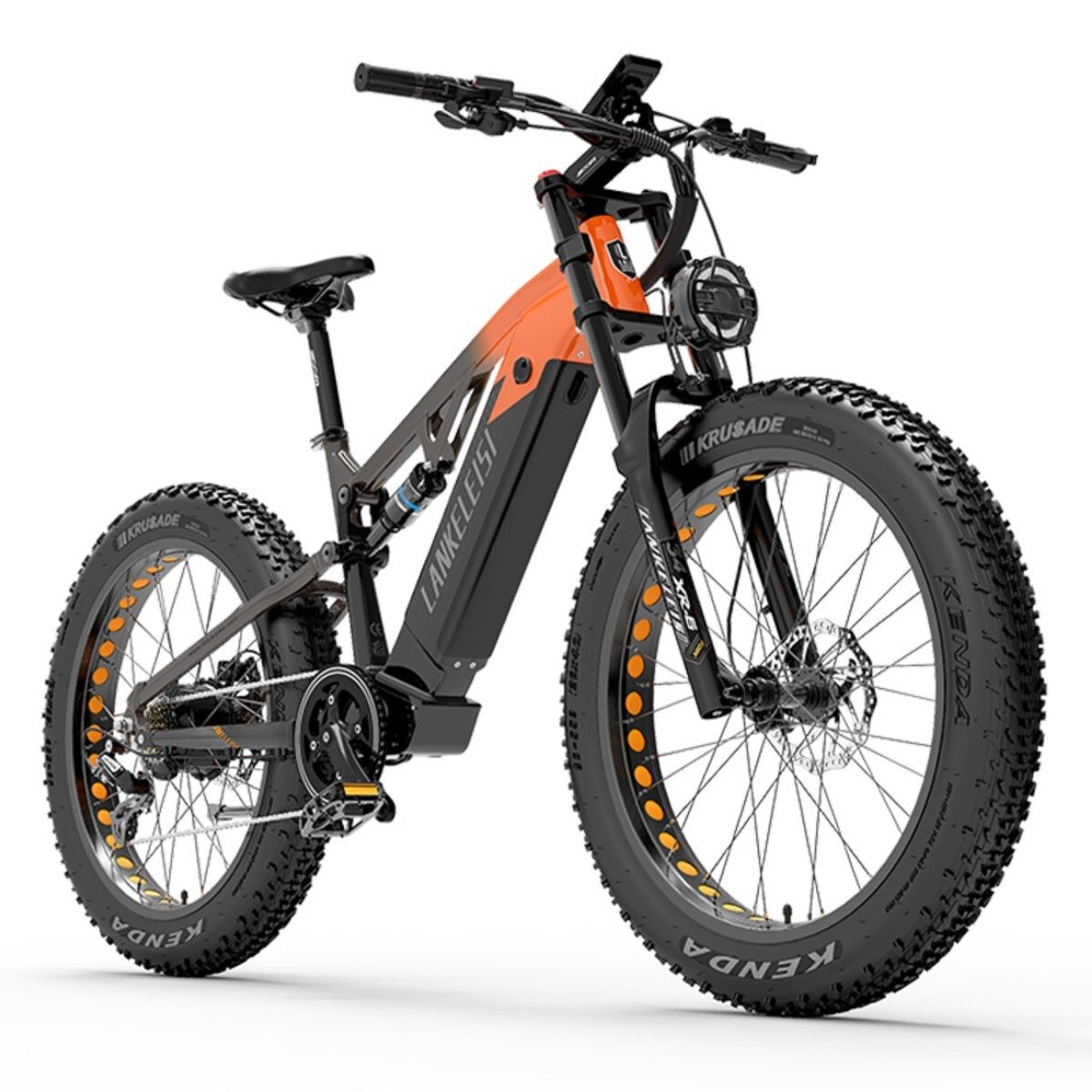 VTT électrique Lankeleisi RV800 Plus. Design noir et orange. Gros pneus avec accents jaunes. Phare avant. Écran numérique. Marque Lankeleisi.