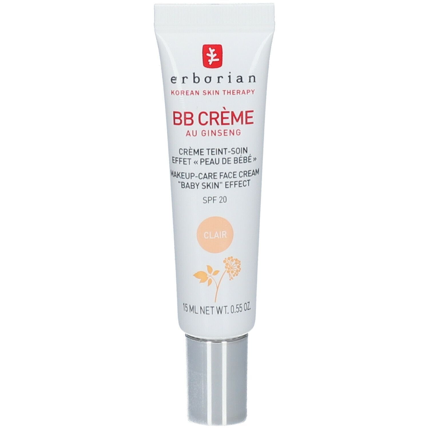 Witte tube met rode tekst. BB Crème au Ginseng Clair, SPF 20. 15 ml. 'Baby Skin' effect.