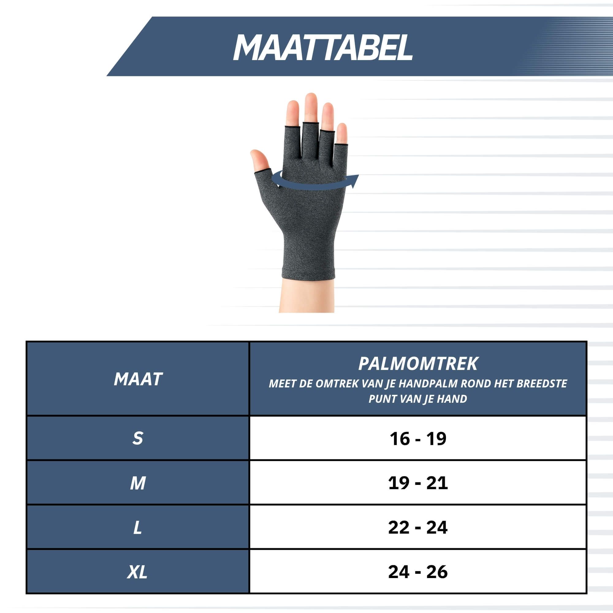 Maattabel voor compressiehandschoenen: handomtrek in cm voor maten S, M, L, XL.
