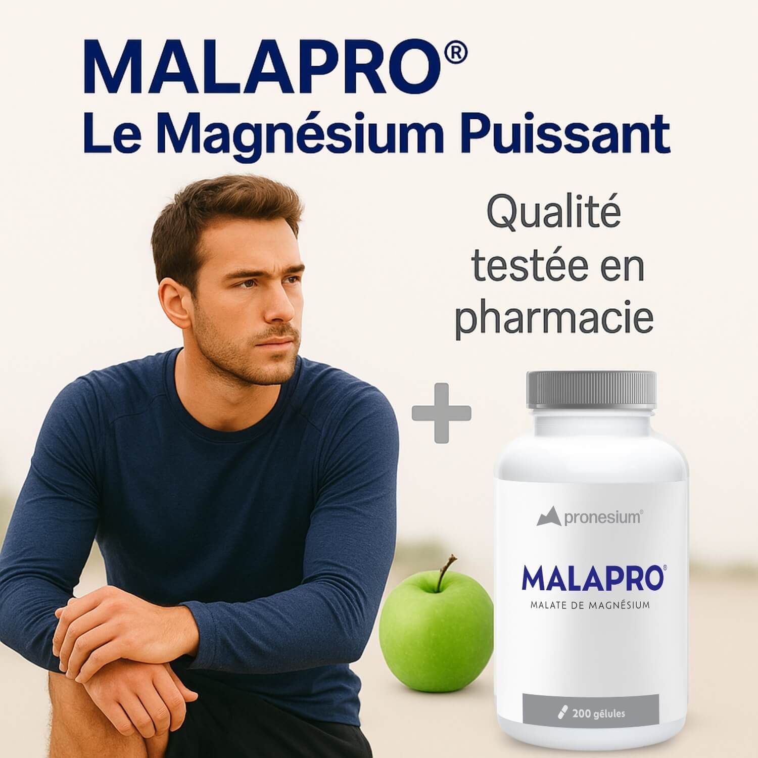 Homme se penchant. Texte : MALAPRO, Le Magnésium Puissant. Flacon : MALAPRO, 200 gélules. Pomme.