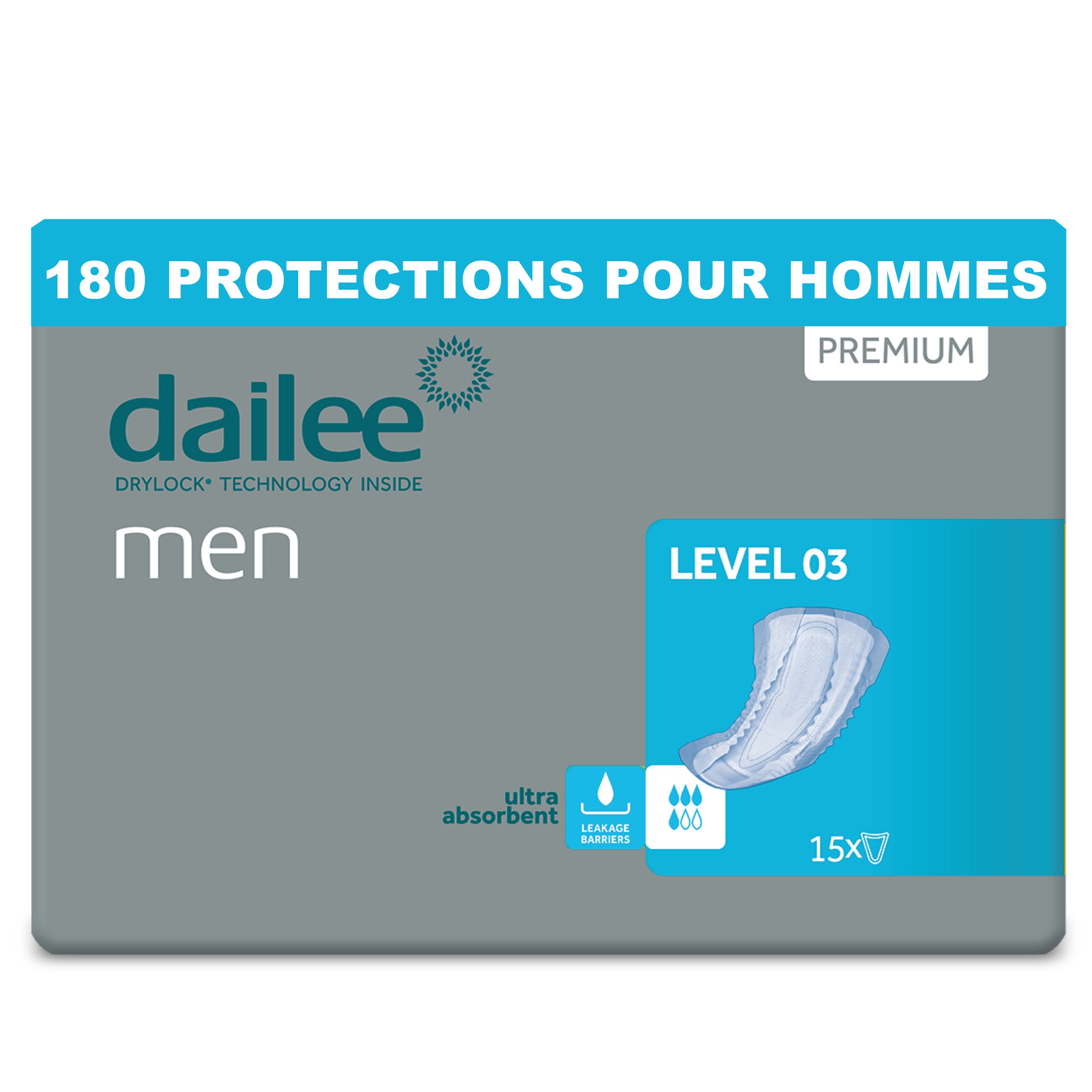 Paquet de Dailee Men Level 3. Boîte grise avec accents bleus. Image du produit et texte : Level 03, ultra absorbant, 15x7.