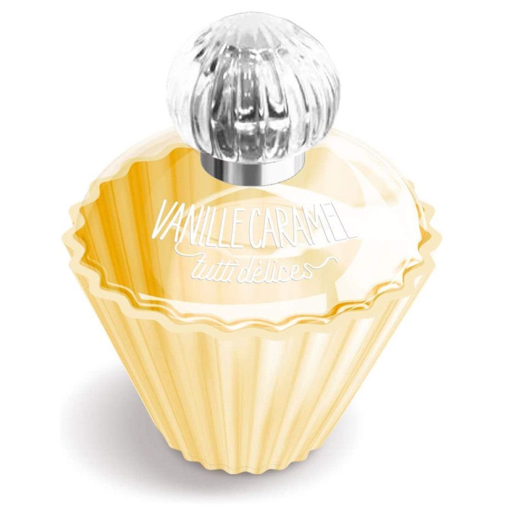 Geel parfumflesje in cupcake-vorm met transparante dop. Opschrift: Vanille Caramel, Tutti Délices.