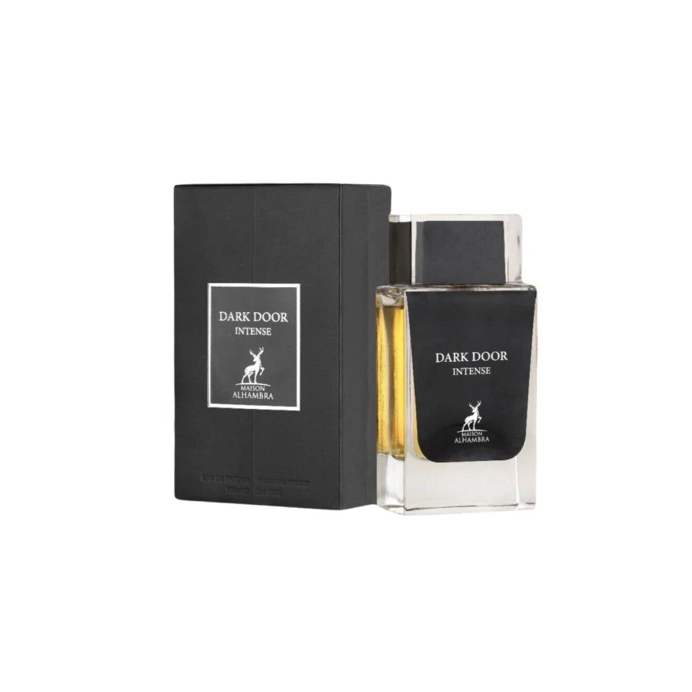Flacon de parfum noir avec bouchon argenté et boîte assortie.