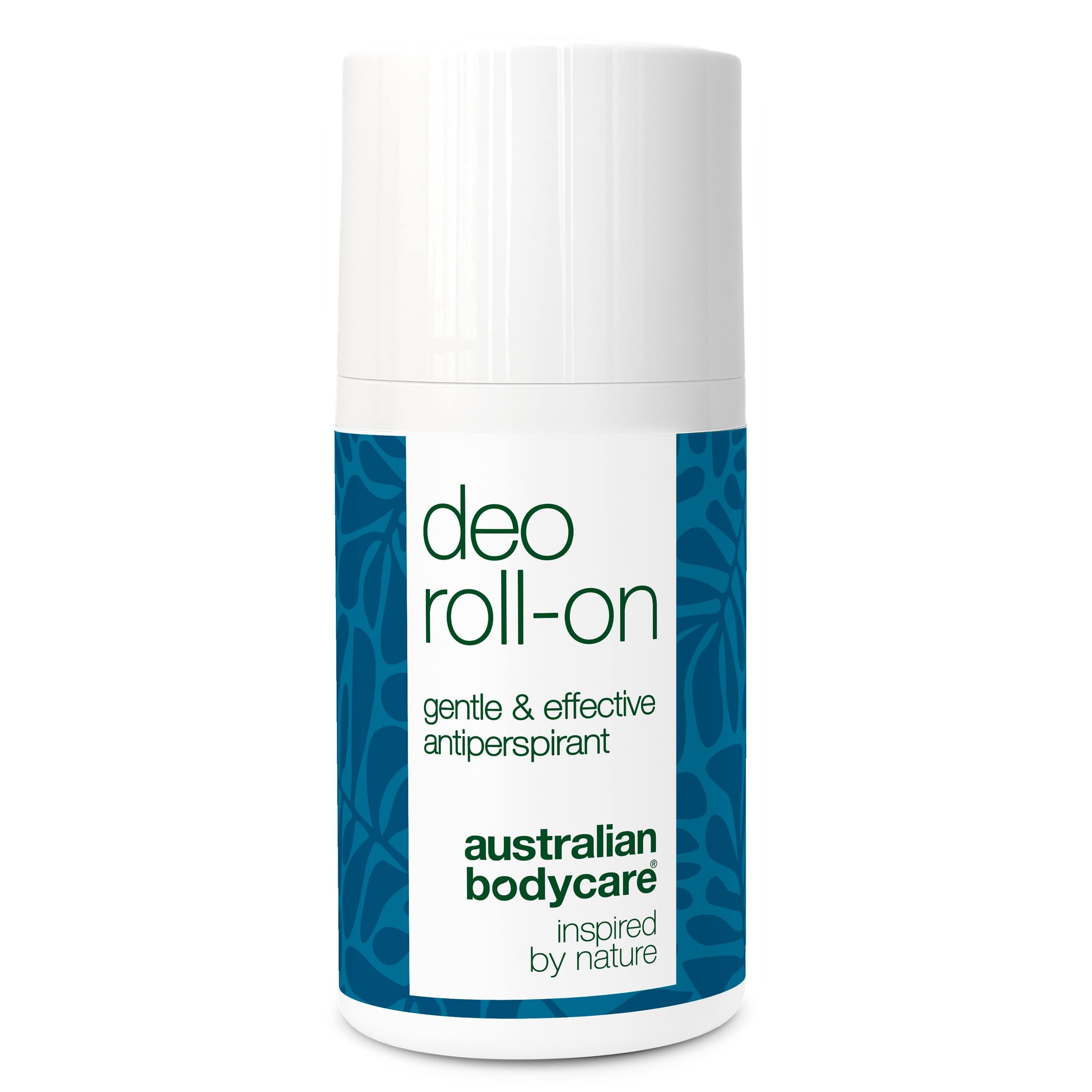 Roll-on déodorant. Bouteille blanche, étiquette bleue. Texte: gentle & effective antiperspirant. Australian Bodycare.