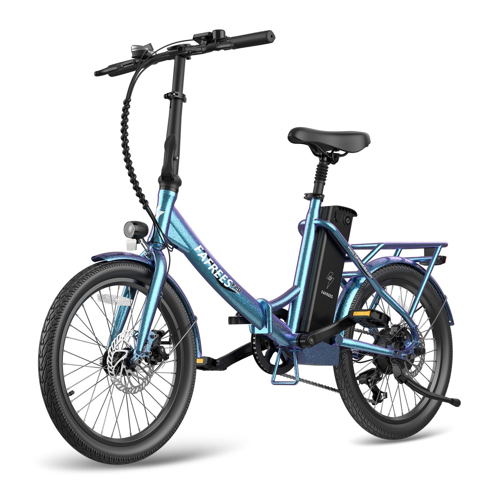 Vélo électrique Fafrees F20 bleu. Cadre pliable, porte-bagages, freins à disque, batterie sur cadre. Pneus et selle noirs.