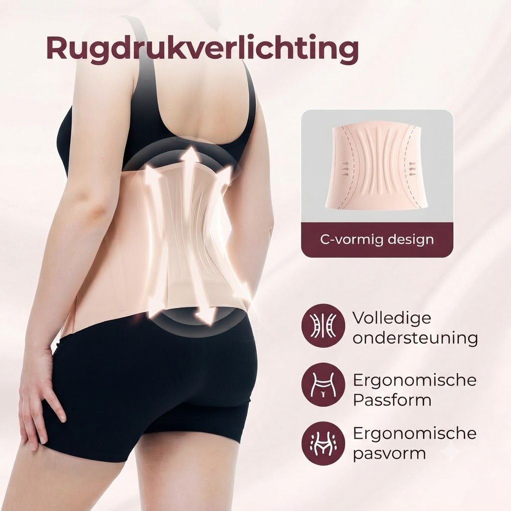 Beige rugband met C-vormig design voor volledige ondersteuning en ergonomische pasvorm.