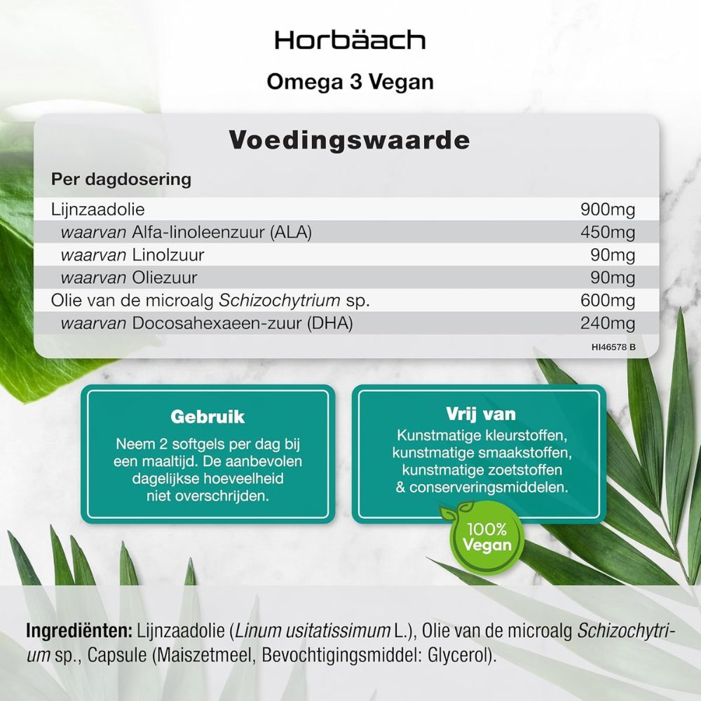 Voedingswaarde. Tekst: Lijnzaadolie, Alfa-linoleenzuur, Olie uit microalgen, DHA.