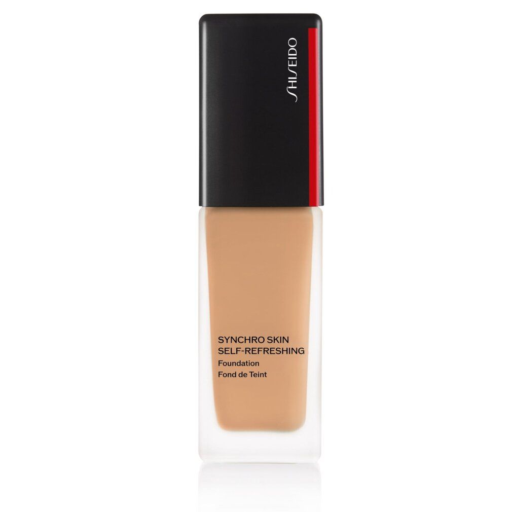 Flacon avec bouchon noir. Inscription: SHISEIDO, SYNCHRO SKIN SELF-REFRESHING Foundation, SPF 30.