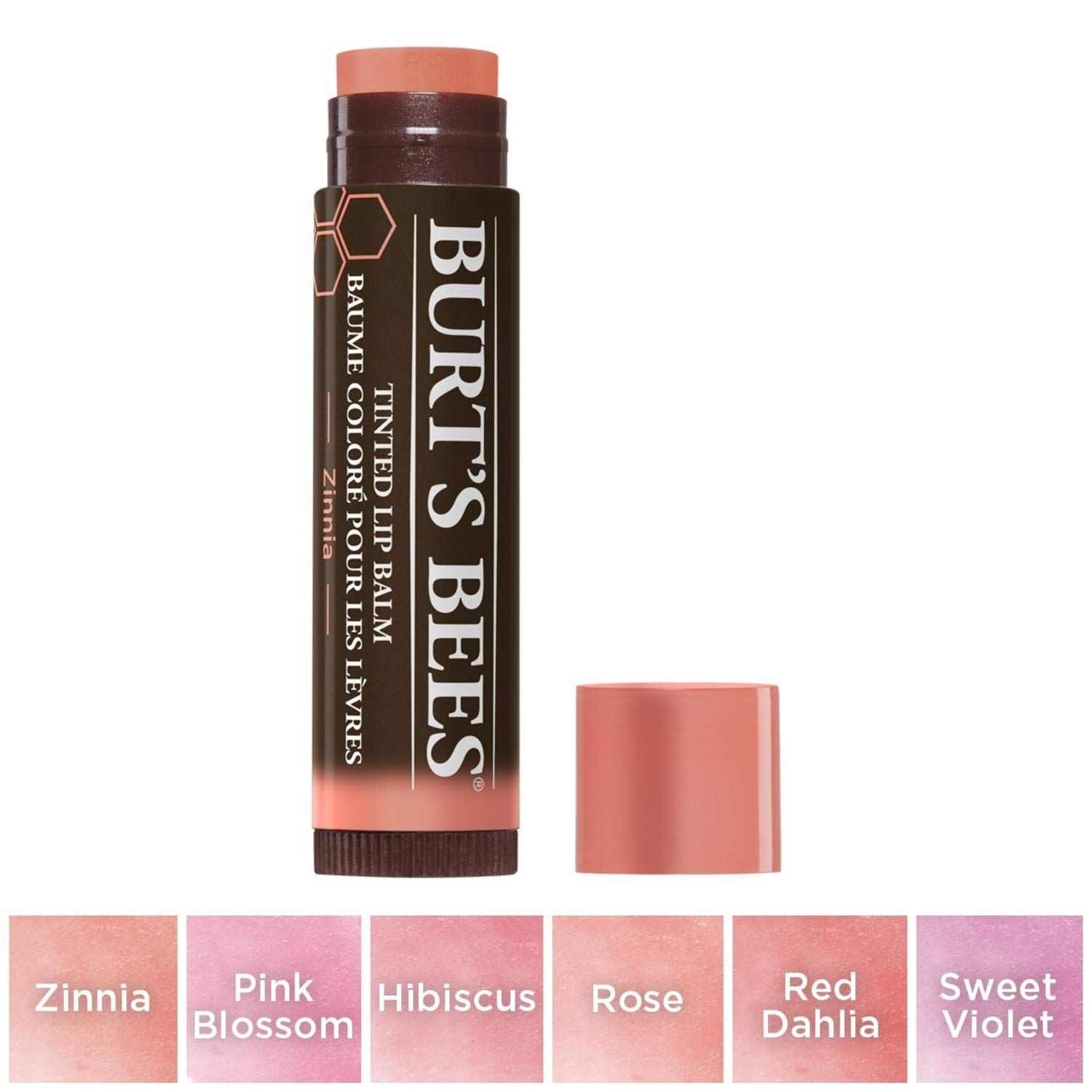 Baume à lèvres teinté Burt's Bees Zinnia. Bâton de baume à lèvres avec couvercle ouvert. Sélection de couleurs en bas : Zinnia, Pink Blossom, Hibiscus, Rose, Red Dahlia, Sweet Violet.