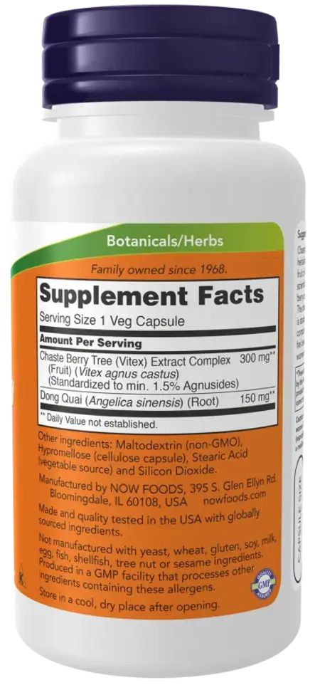 Flacon blanc, bouchon bleu. Étiquette avec ingrédients et informations nutritionnelles. NOW FOODS Vitex-Extrakt 300 mg.