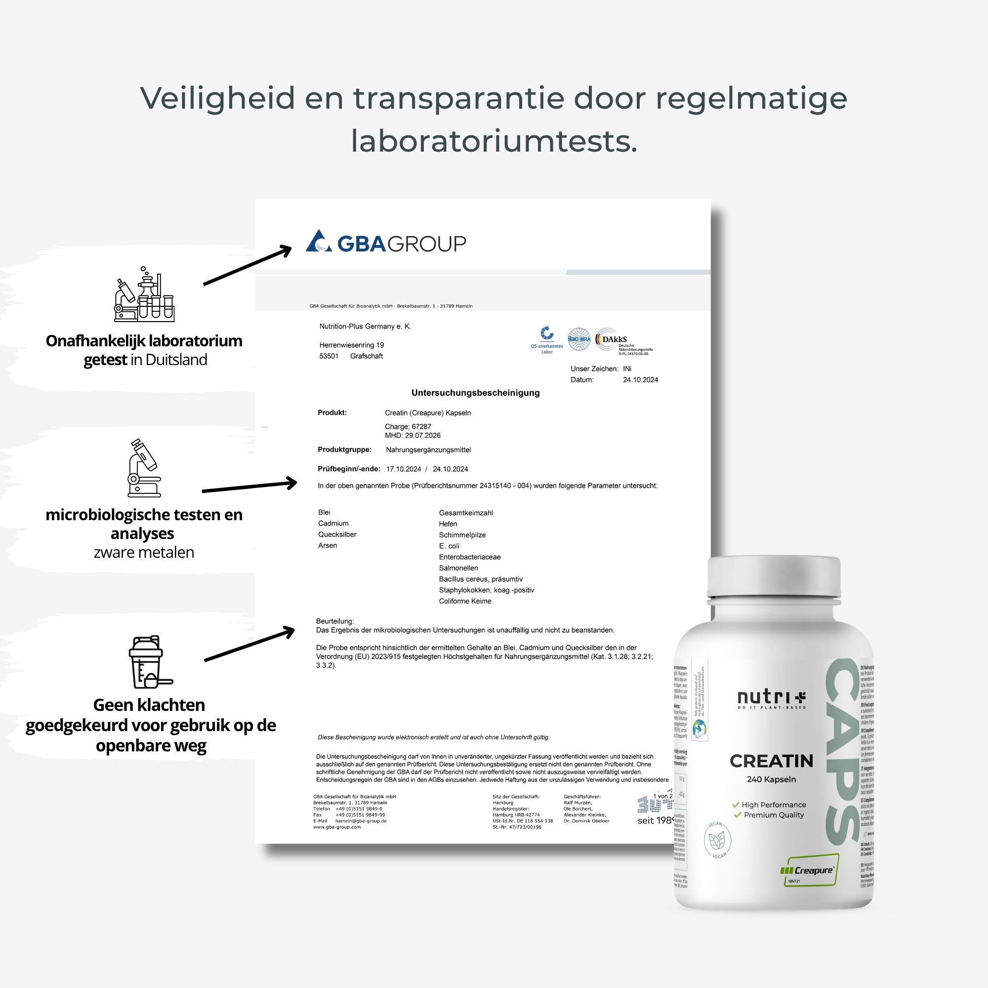 Achterkant van een pot nutri+ Creatine capsules. Bevat voedingswaardetabel en ingrediëntenlijst.