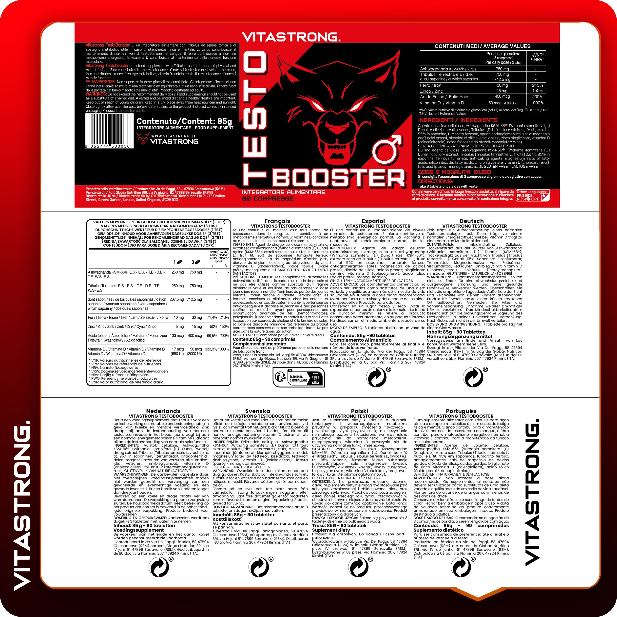 Bouteille Vitastron. Testo Booster avec illustrations d'hommes faisant du sport et texte sur des ingrédients comme le Tribulus Terrestris et l'Ashwagandha.