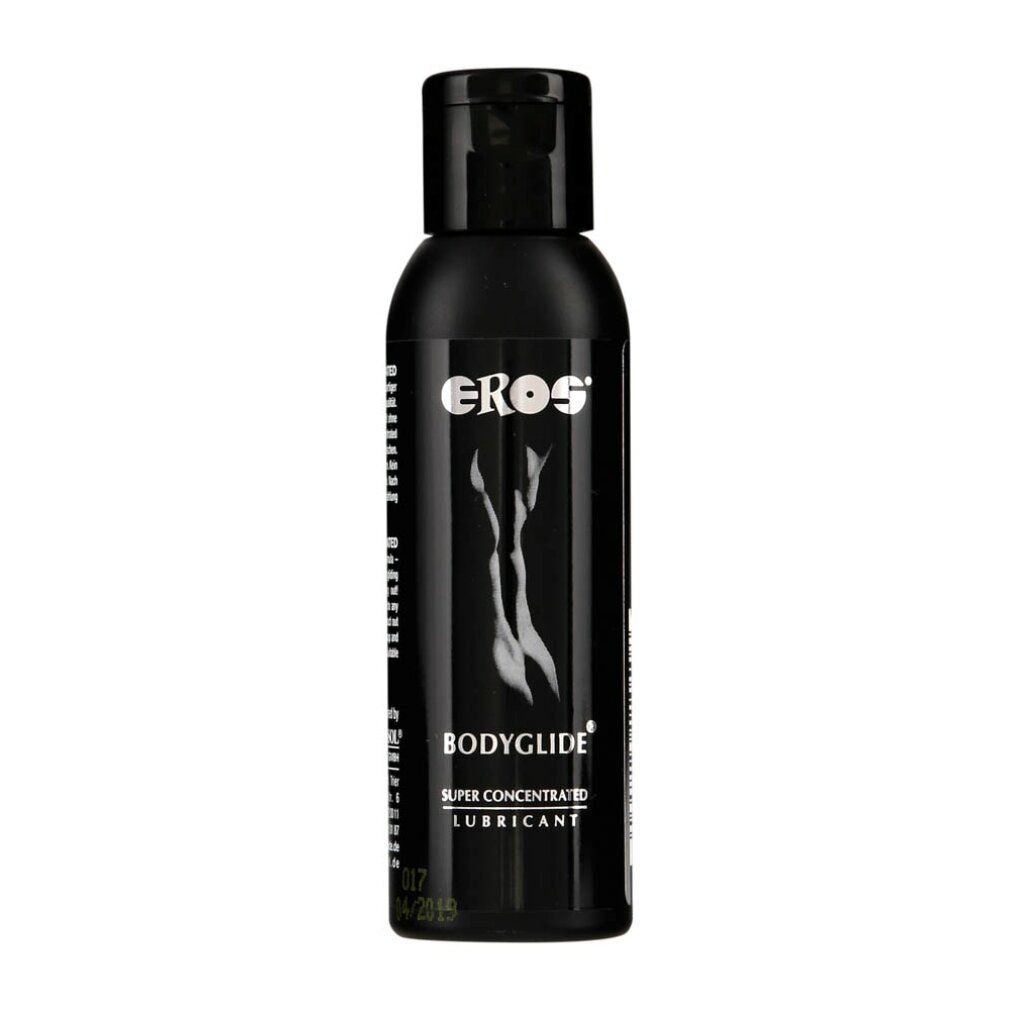 Flacon noir avec EROS Bodyglide Super Concentrated Lubricant. Une silhouette féminine stylisée est représentée.