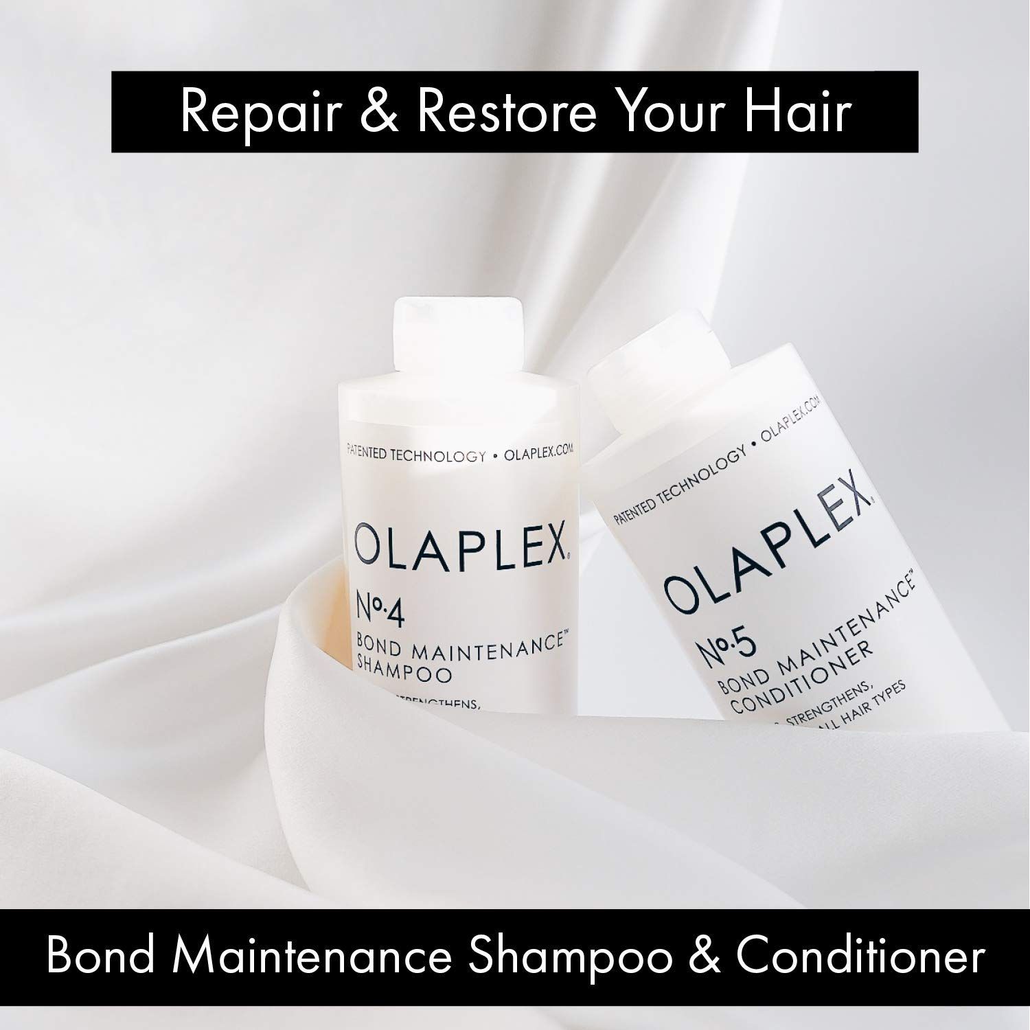 Deux flacons : OLAPLEX No. 4 Bond Maintenance Shampoo et No. 5 Bond Maintenance Conditioner.